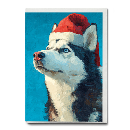 Husky wearing Christmas hat - Greeting Card