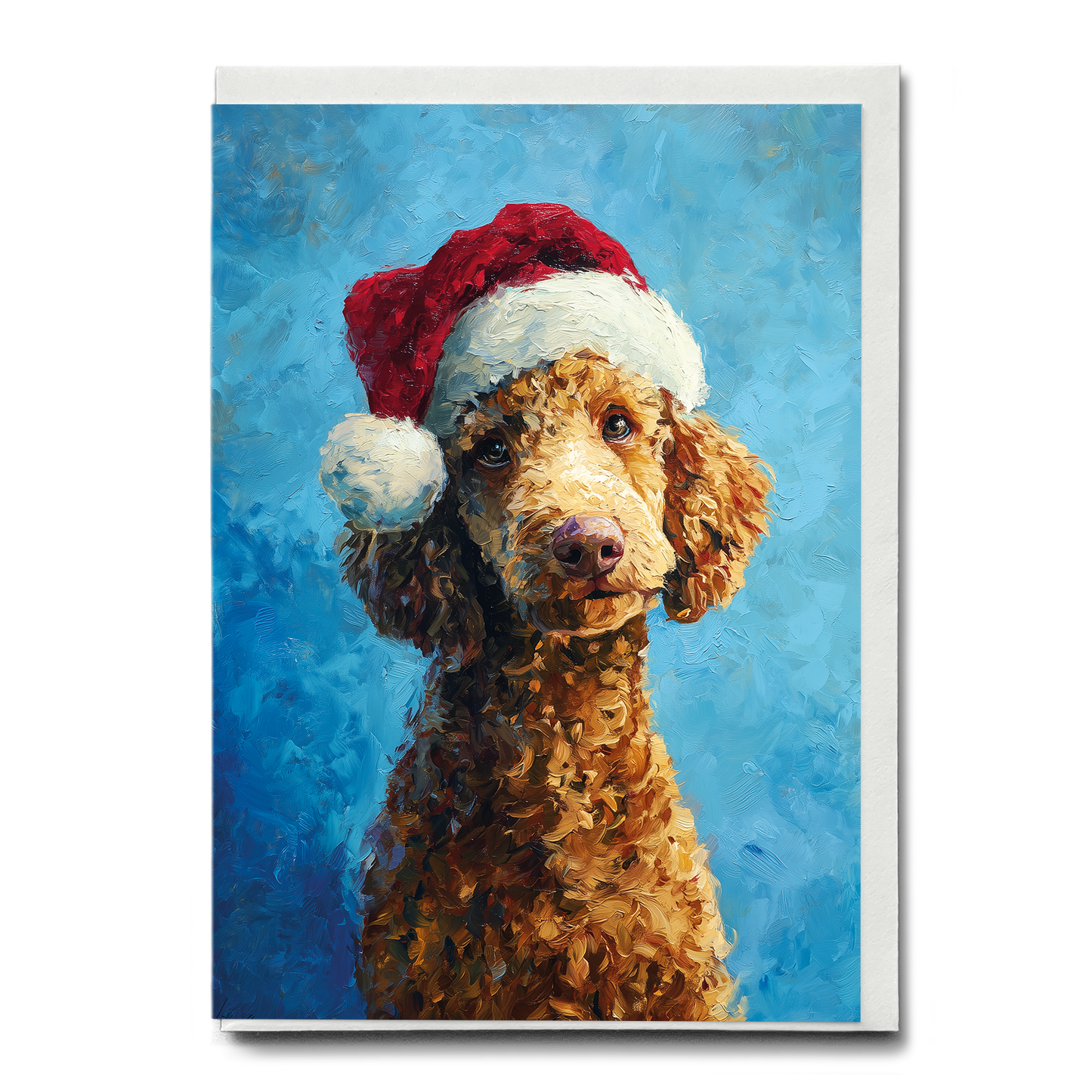 Brown Poodle wearing Christmas hat - Greeting Card