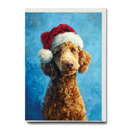 Brown Poodle wearing Christmas hat - Greeting Card