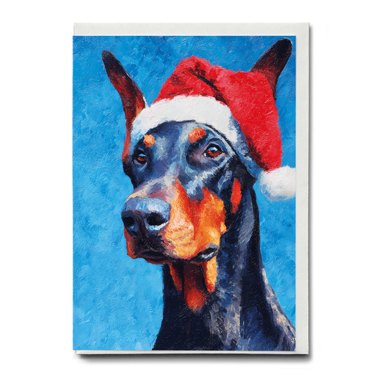 Dobermann wearing Christmas hat - Greeting Card