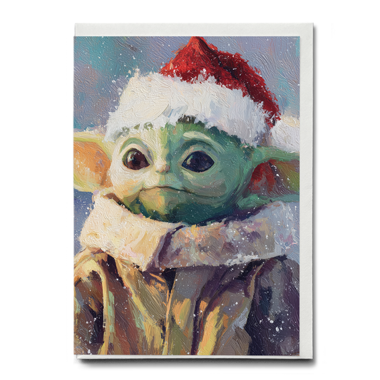 Baby Yoda wearing Christmas hat - Greeting Card