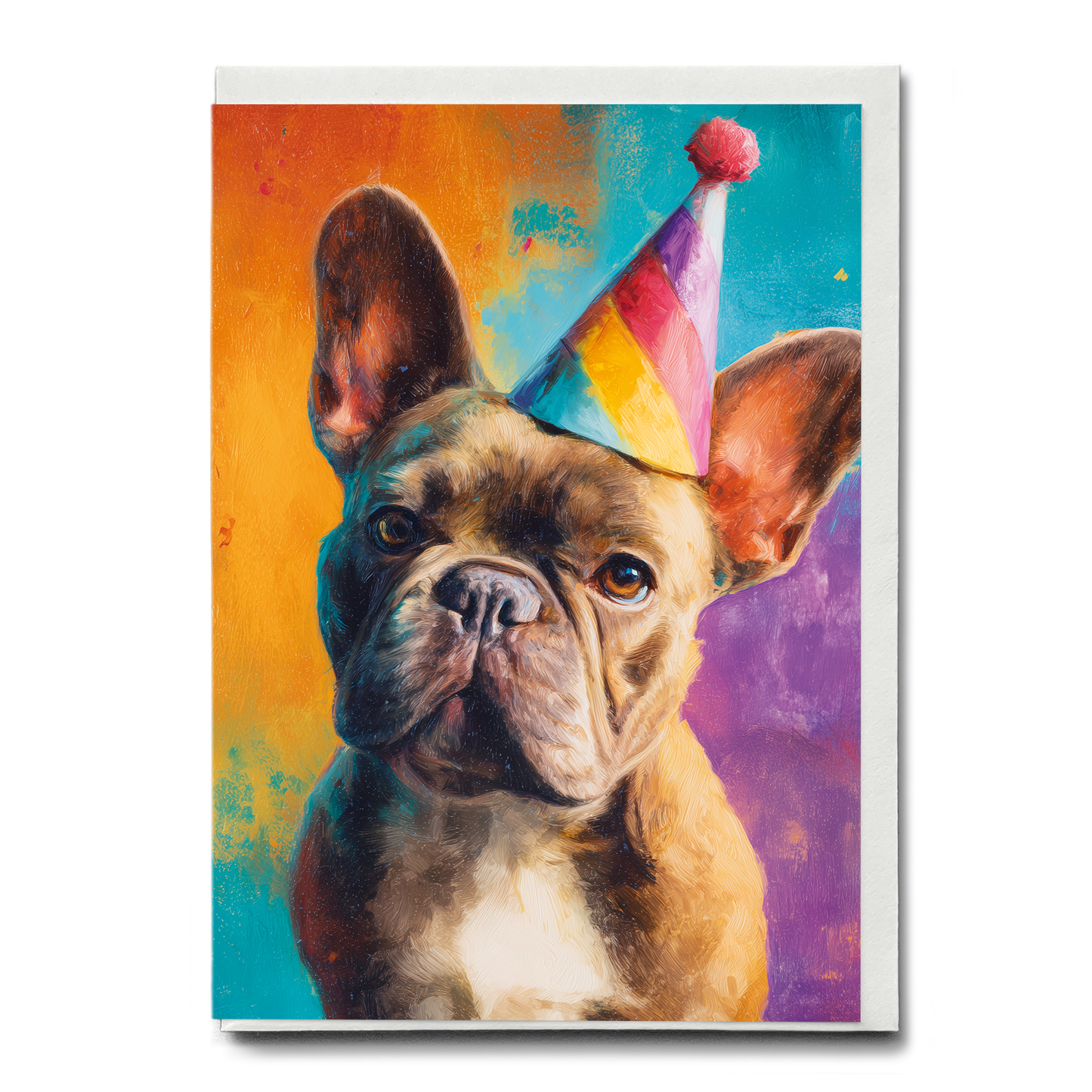 Brown french bulldog wearing a party hat - Greeting Card