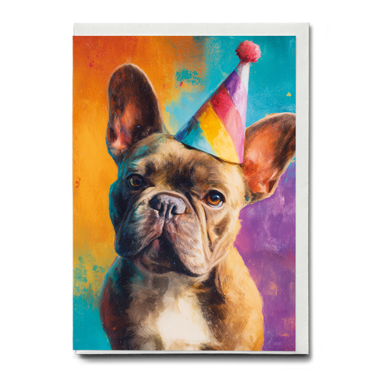 Brown french bulldog wearing a party hat - Greeting Card