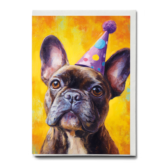 Black and white french bulldog wearing a party hat - Greeting Card