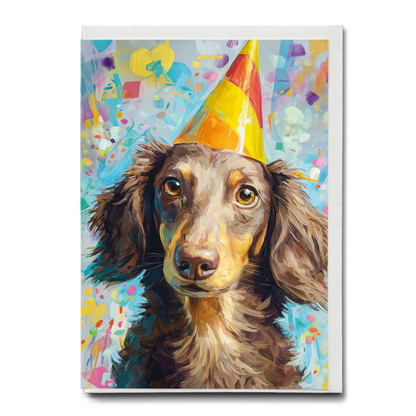 Long haired dachshund wearing a party hat - Greeting Card