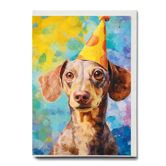 Dachshund wearing a party hat - Greeting Card
