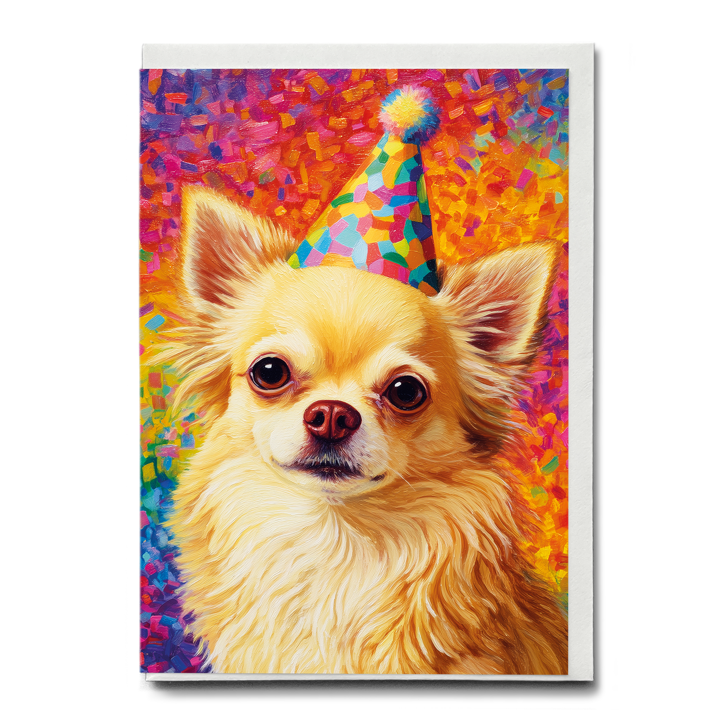 Long haired chihuahua wearing a party hat  - Greeting Card