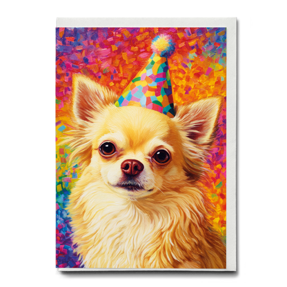 Long haired chihuahua wearing a party hat  - Greeting Card