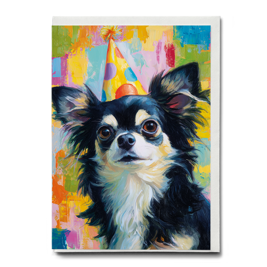 Long haired chihuahua wearing a party hat II - Greeting Card