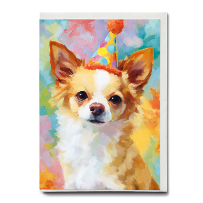 Long haired chihuahua wearing a party hat III - Greeting Card