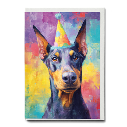 Dobermann wearing a party hat  - Greeting Card