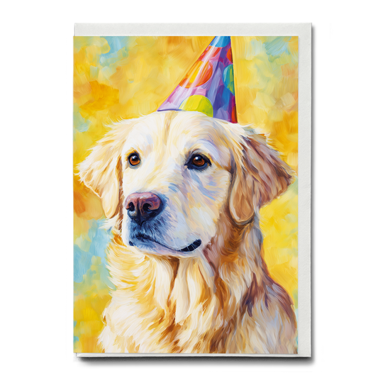 Golden retriever wearing a party hat  - Greeting Card