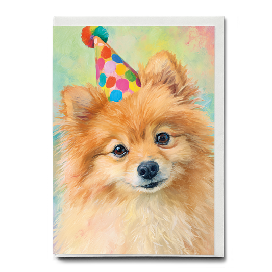 Pomeranian wearing a party hat - Greeting Card