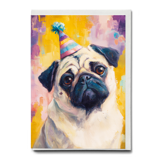Pug wearing a party hat - Greeting Card