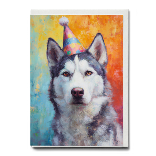 Husky wearing a party hat - Greeting Card
