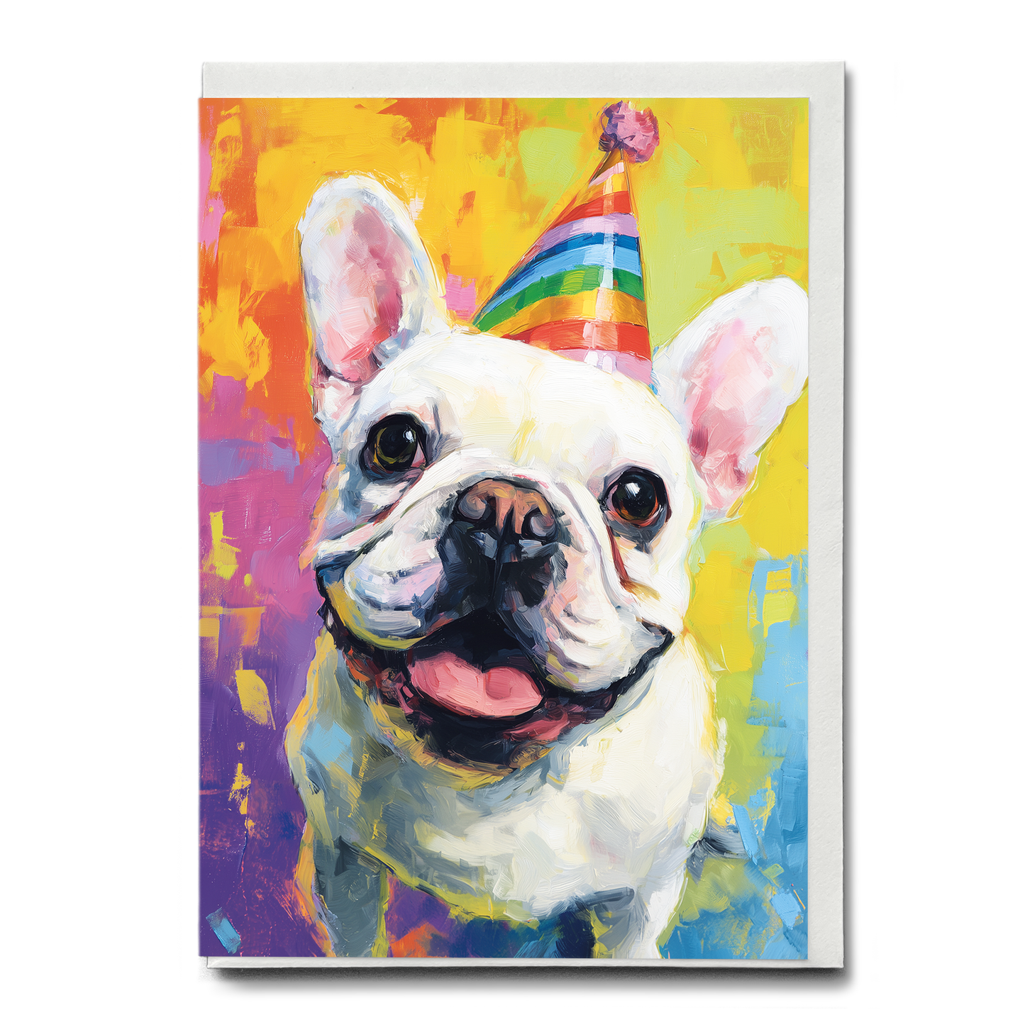 White french bulldog wearing a party hat - Greeting Card
