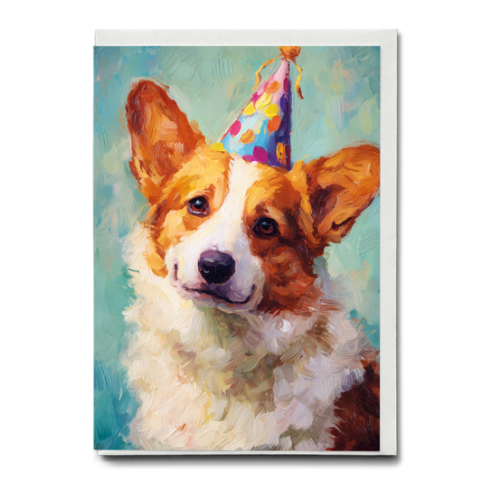 Little Corgi wearing a party hat - Greeting Card