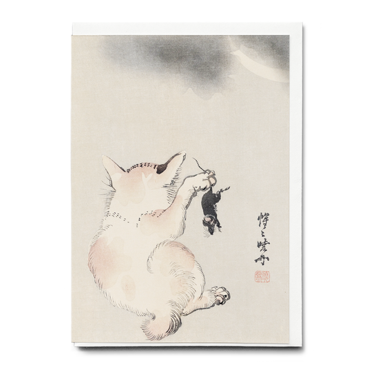 Cat with Mouse beneath a Cloudy Moon - Greeting Card