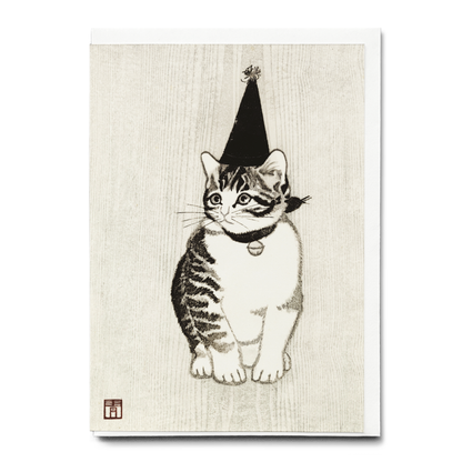 Kitten with Bell and party hat by Masaharu Aoyama - Greeting Card