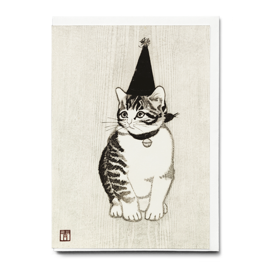Kitten with Bell and party hat by Masaharu Aoyama - Greeting Card
