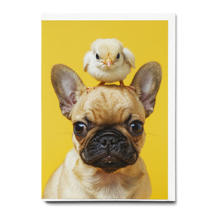 French Bulldog puppy with little chick - Greeting Card