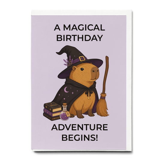 A magical birthday adventure begins! (Capybara witch) - Greeting Card
