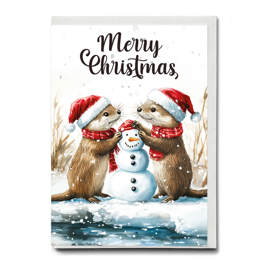 Two otters building a snowman - Greeting Card