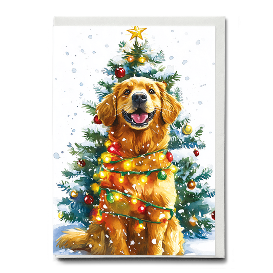 Labrador in front of a Christmas tree - Greeting Card