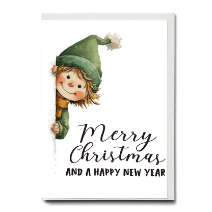Little Christmas elf peeking - Greeting Card