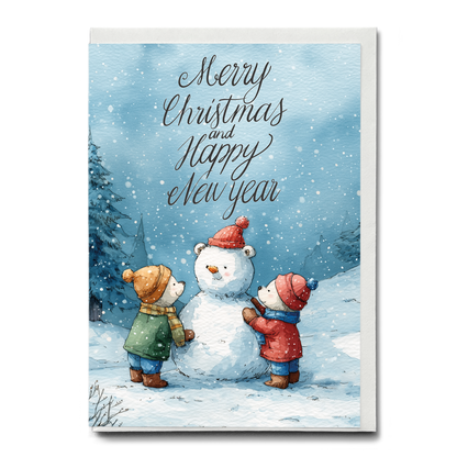 Bears building a snow man - Greeting Card