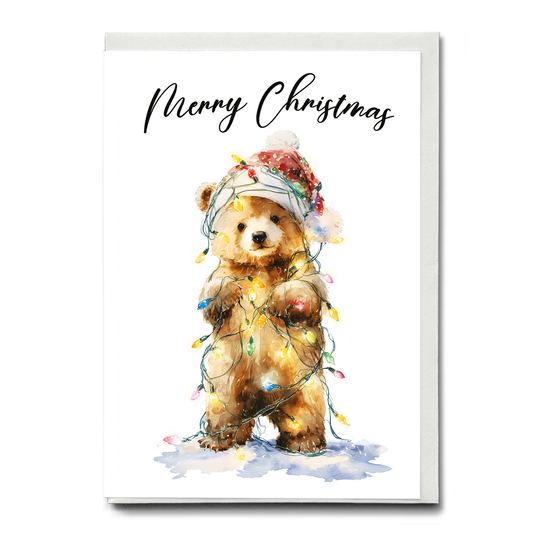 Cute bear tangles in Christmas lights - Greeting Card