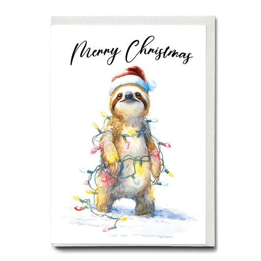 Cute sloth tangles in Christmas lights - Greeting Card