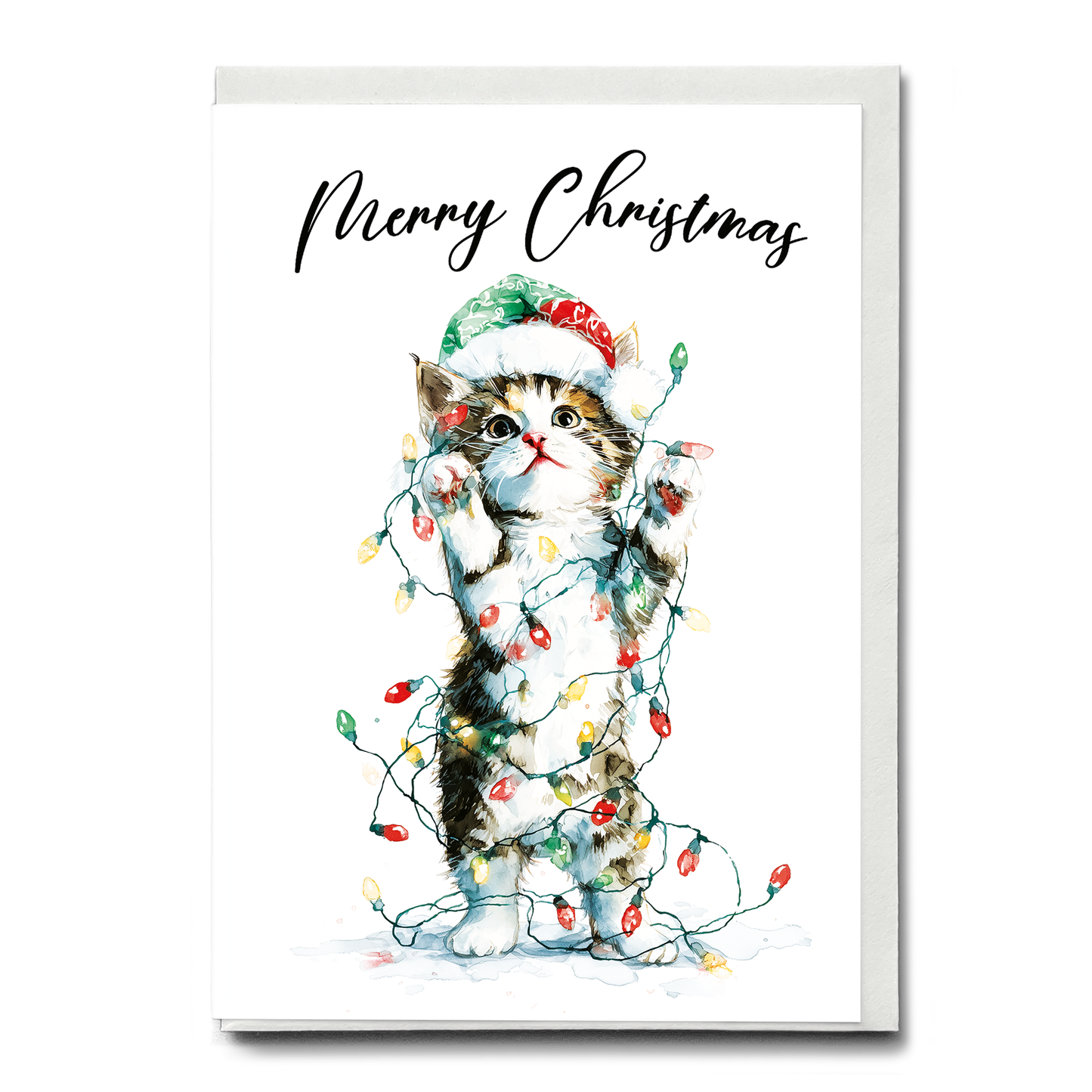 Cute kitten tangles in Christmas lights - Greeting Card