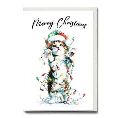 Cute kitten tangles in Christmas lights - Greeting Card