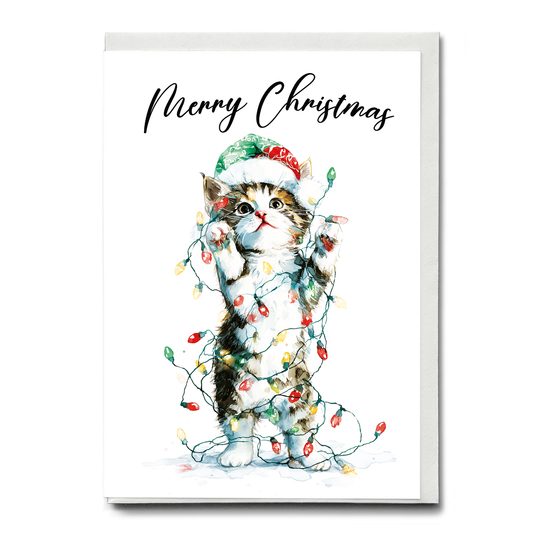 Cute kitten tangles in Christmas lights - Greeting Card