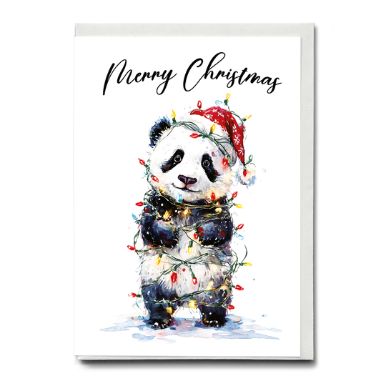 Cute panda tangles in Christmas lights - Greeting Card