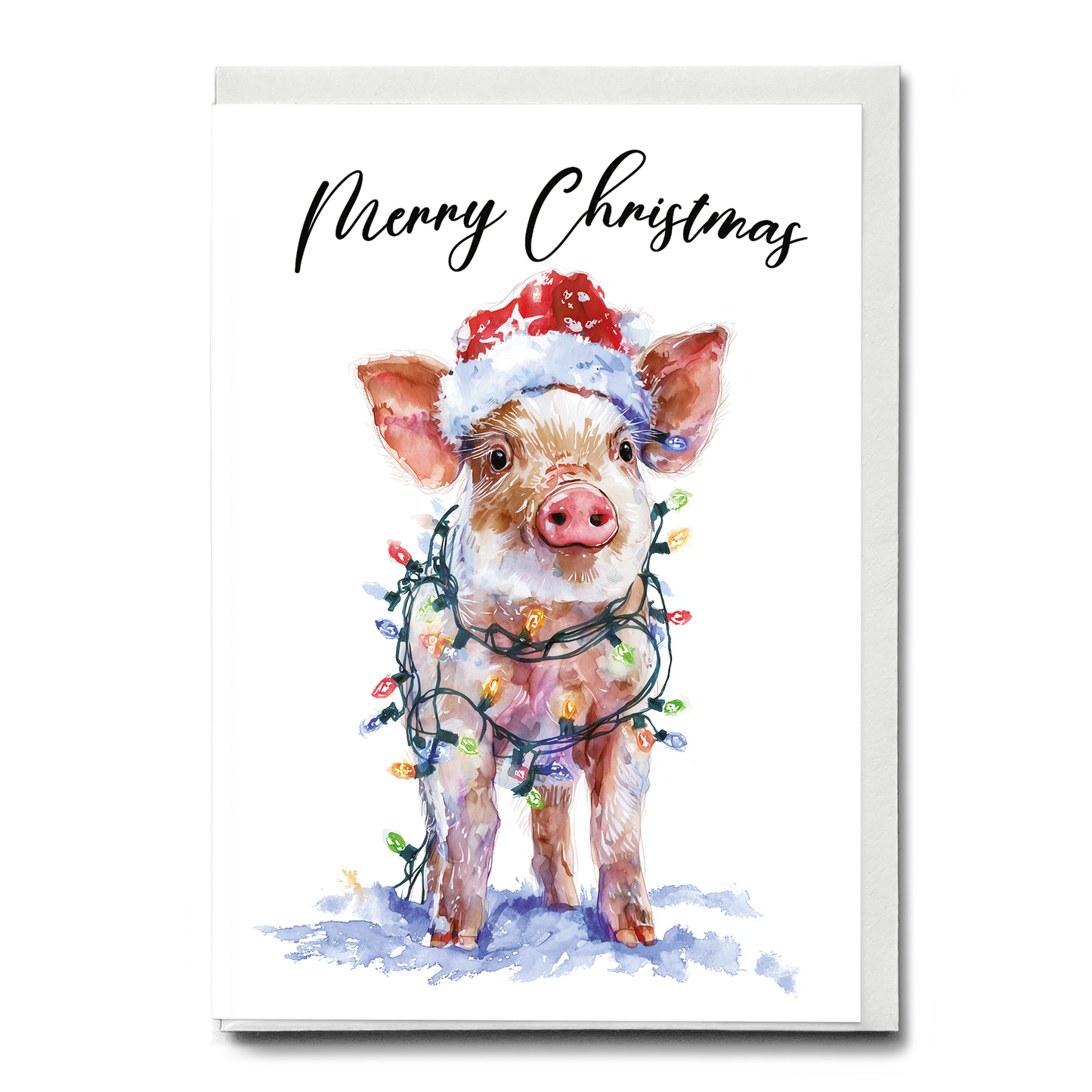 Cute pig tangles in Christmas lights - Greeting Card