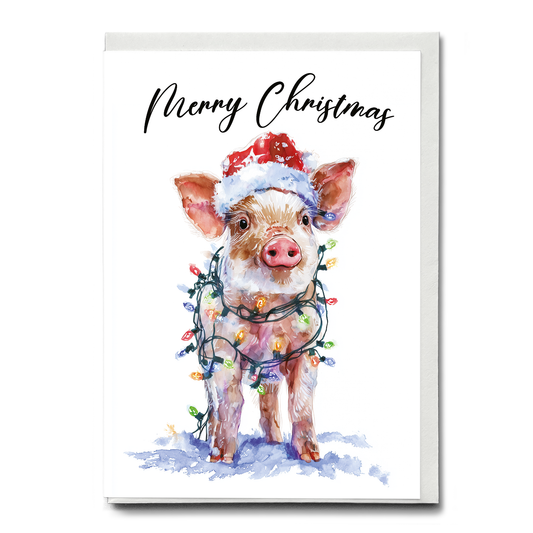 Cute pig tangles in Christmas lights - Greeting Card