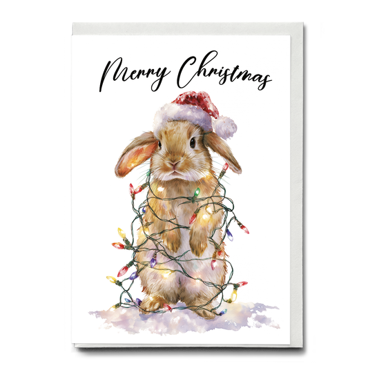 Cute bunny tangles in Christmas lights - Greeting Card