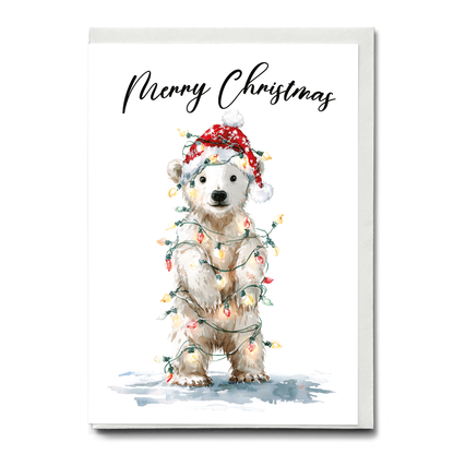 Cute polar bear tangles in Christmas lights - Greeting Card