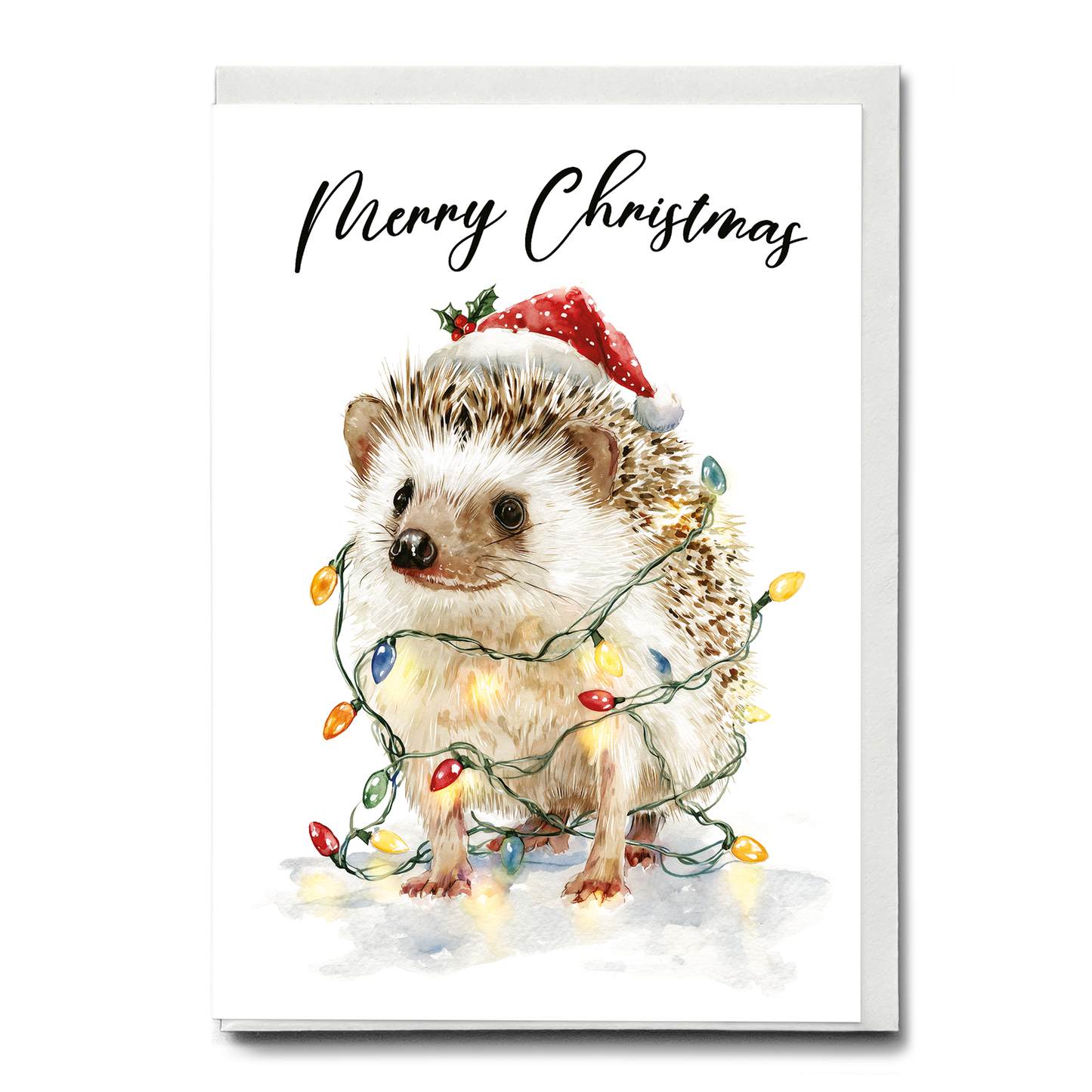 Cute hedgehog tangles in Christmas lights - Greeting Card