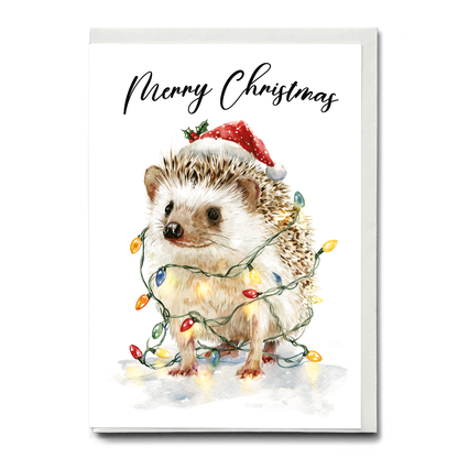 Cute hedgehog tangles in Christmas lights - Greeting Card