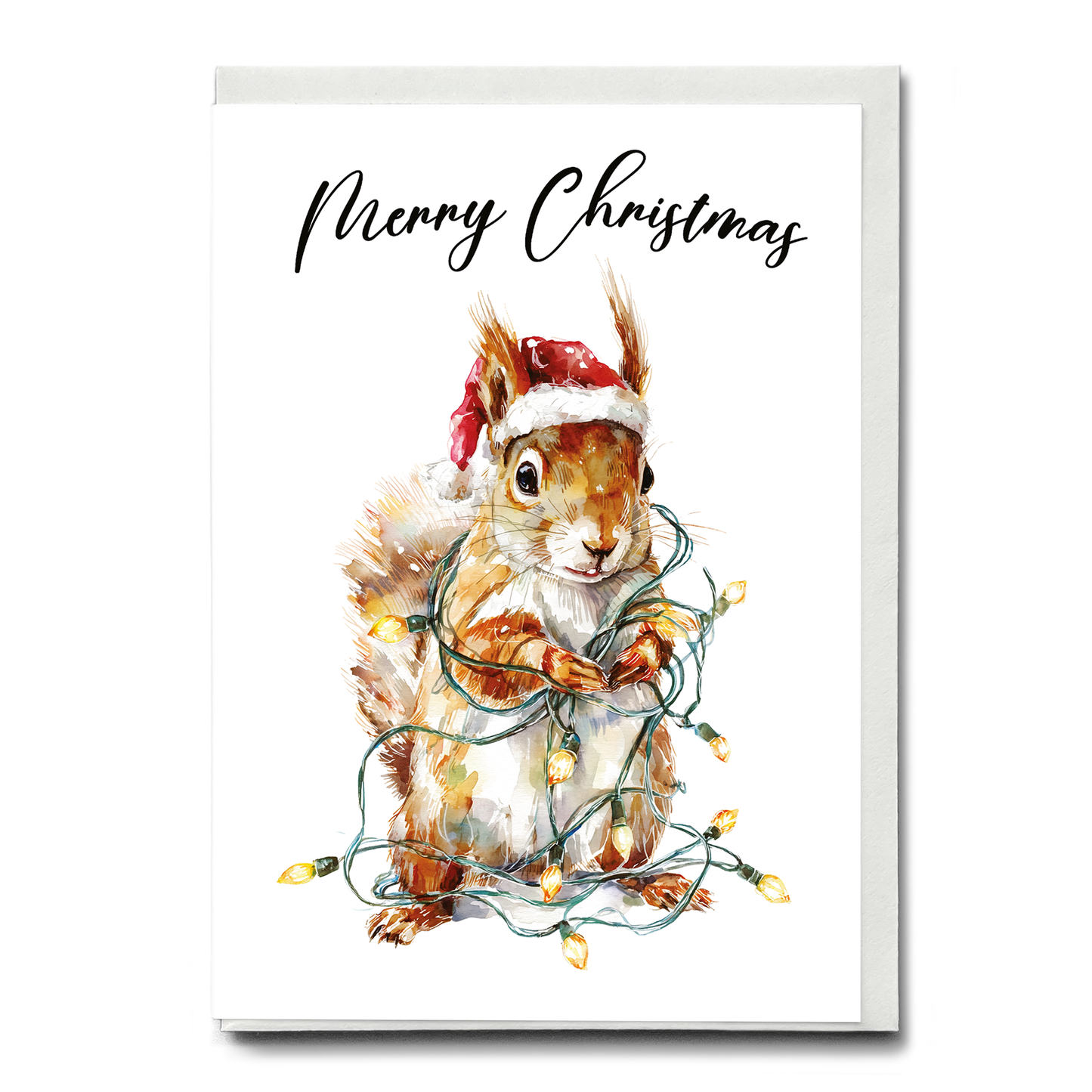 Cute squirrrel tangles in Christmas lights - Greeting Card
