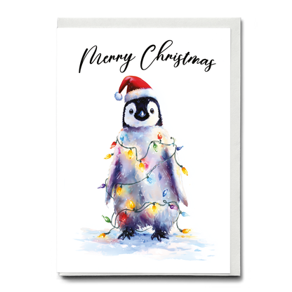 Cute penguin tangles in Christmas lights - Greeting Card