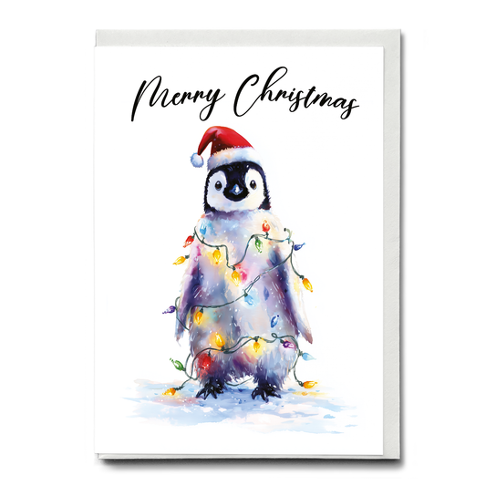 Cute penguin tangles in Christmas lights - Greeting Card