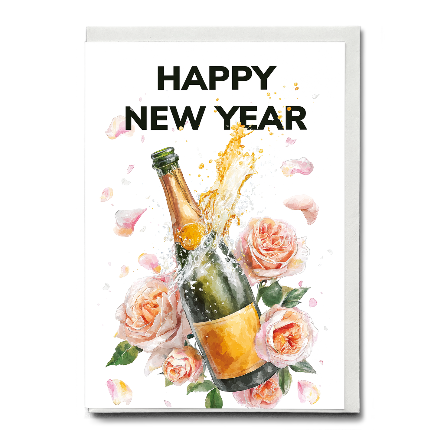 Happy New Year (champagne bottle and roses) - Greeting Card