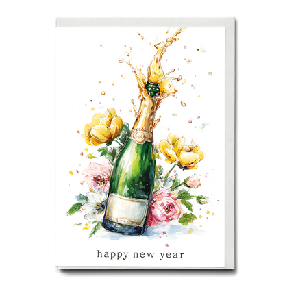 Happy New Year (champagne bottle and flowers) - Greeting Card