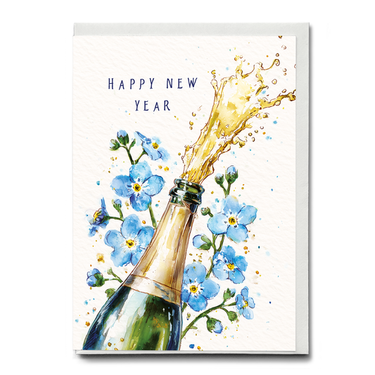 Happy New Year (champagne bottle and Foget me not) - Greeting Card
