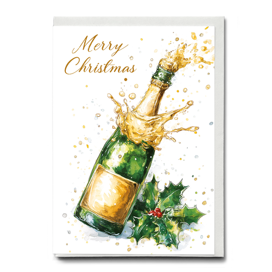 Merry Christmas (champagne bottle and holly) - Greeting Card