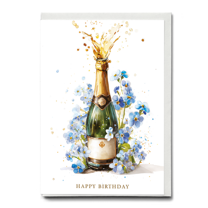 Happy Birthday (champagne bottle and Foget me not) - Greeting Card